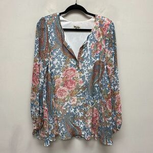 Show Me Your Mumu Womes Blue Pink Paisley Long Sleeve Popover Tunic Shirt Top L